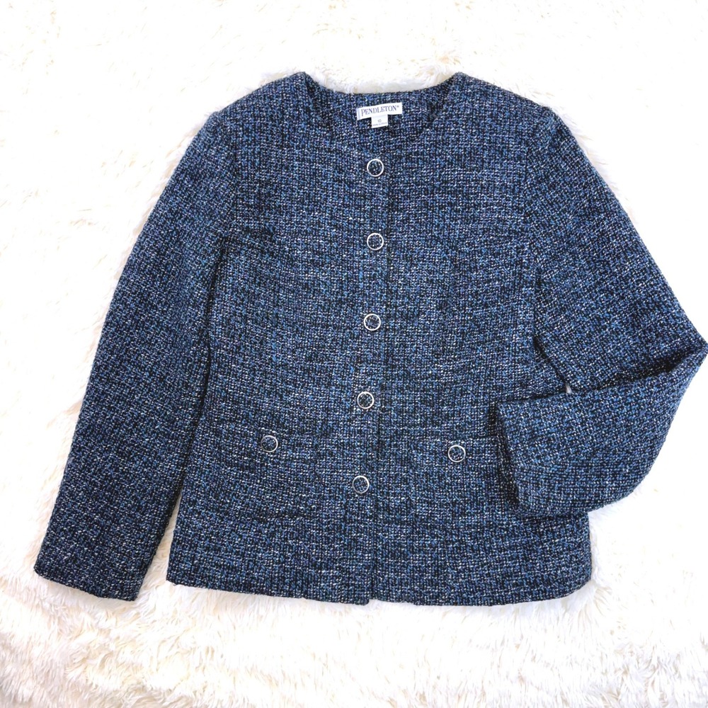 Pendleton Tweed Blazer Women 10 Blue Collarless Wool Blend Button Front Jacket